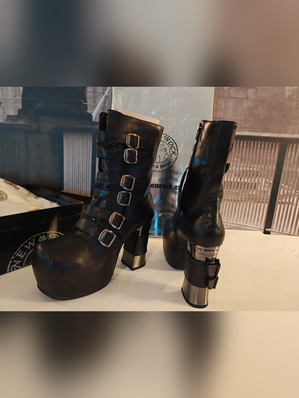 Black Buckled Platform Ankle Boots with Silver Metallic Block Heel - Women